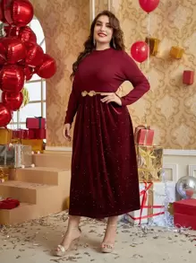 Modelyn 勃艮第红色加大码 1 件喇叭下摆天鹅绒连衣裙（无腰带） - 酒紅色 - 查看 4