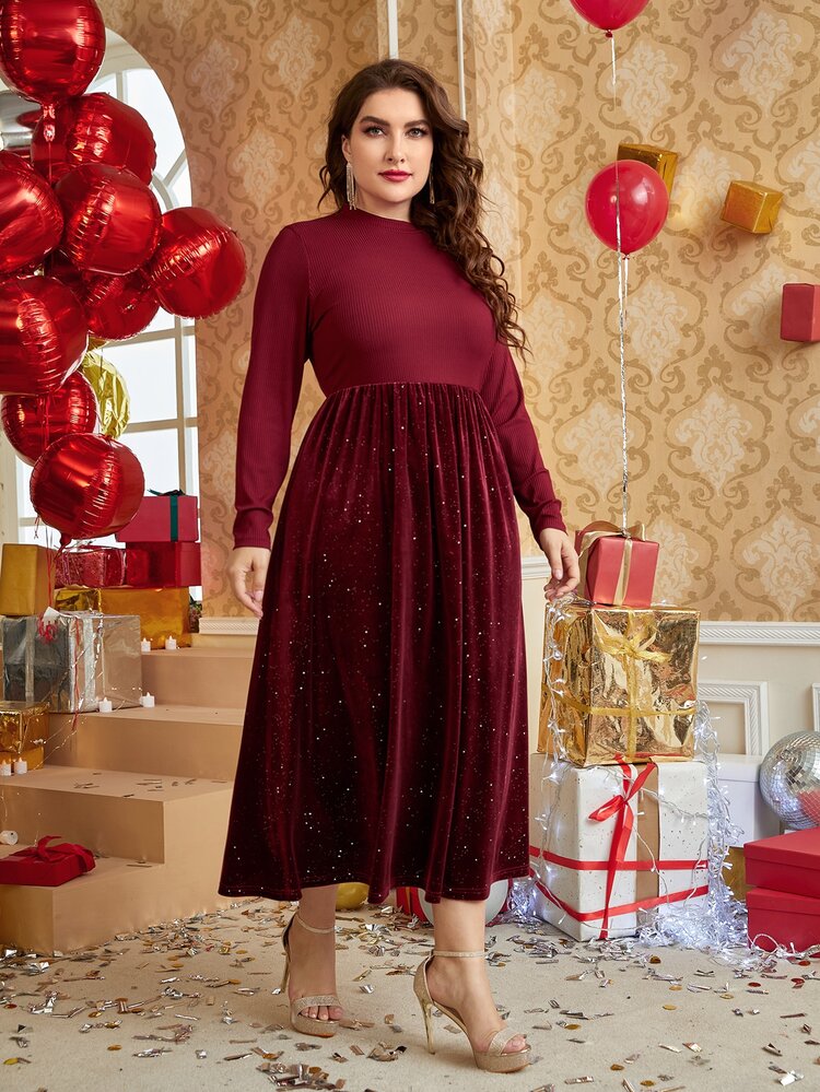 Burgundy Red Plus 1pc Flare Hem Velvet Dress Without Belt