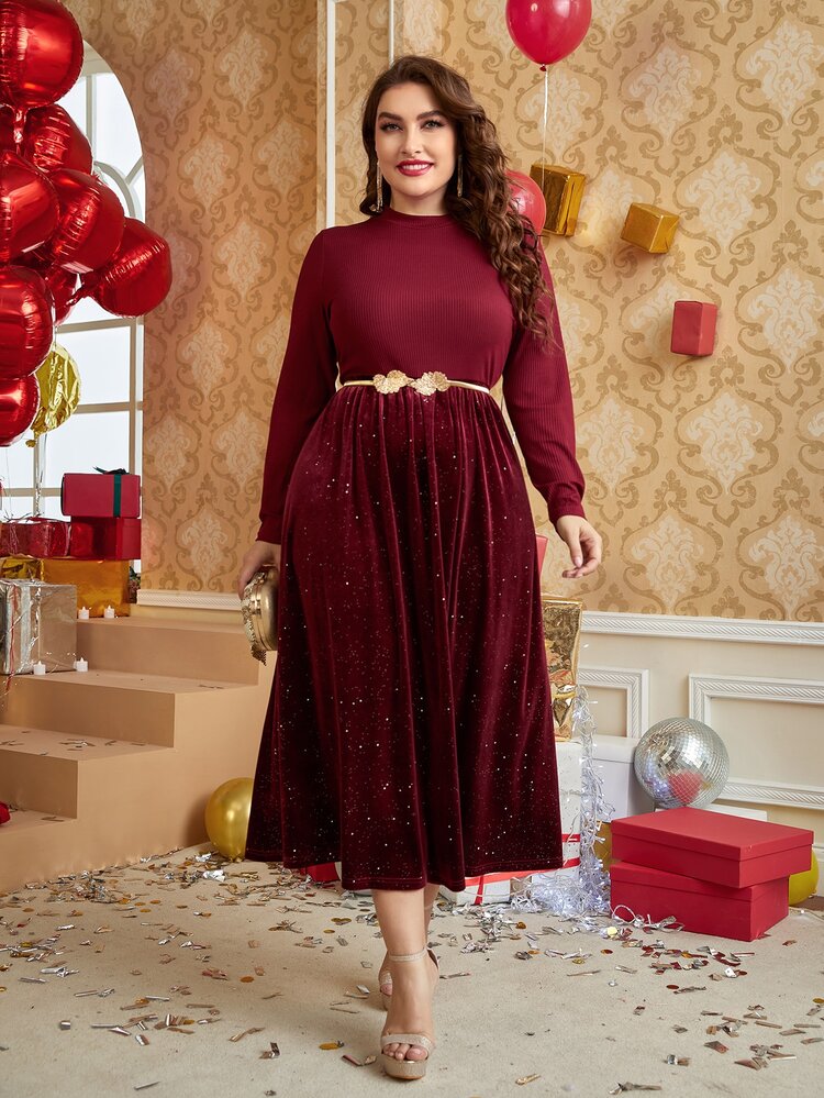 Burgundy Red Plus 1pc Flare Hem Velvet Dress Without Belt
