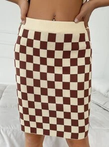 SHEIN EZwear Checker Pattern Knit Skirt - Multicolor - View 1