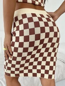 SHEIN EZwear Checker Pattern Knit Skirt - Multicolor - View 2