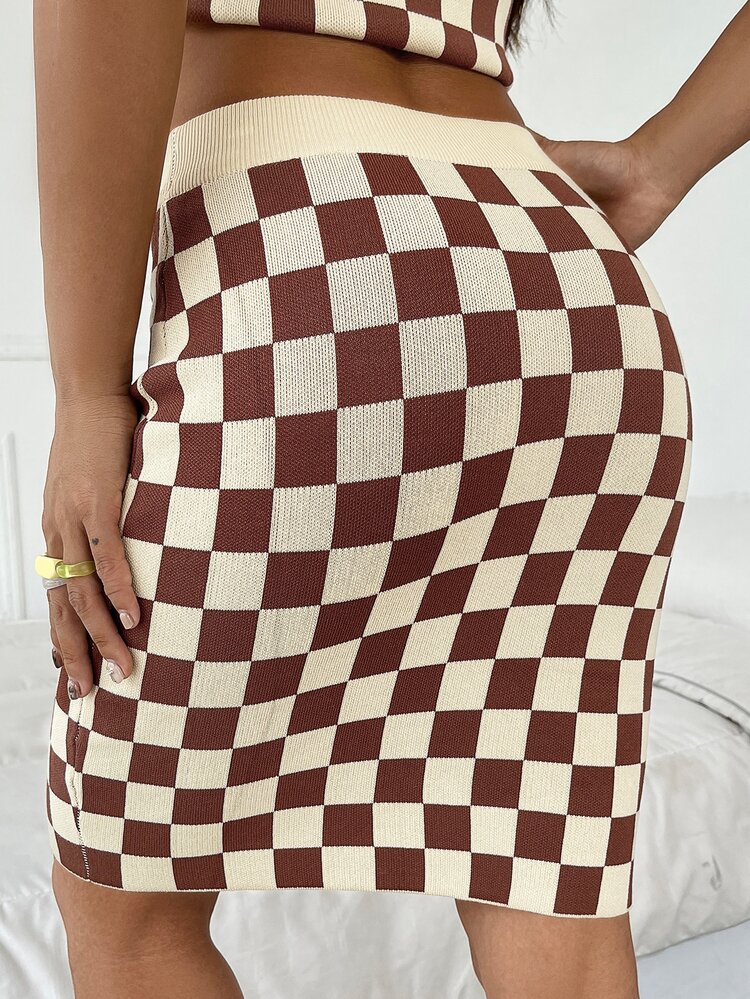 SHEIN EZwear Checker Pattern Knit Skirt - Multicolor - View 2