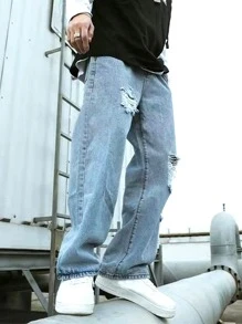 Manfinity Roghcode Quần jeans ống đứng rách dáng rộng cho nam, quần jeans dài sờn rộng, quần cargo trơn màu xanh nhạt, thời trang đi chơi, quà tặng bạn trai, quần jeans rách ống rộng cho nam, quần jeans ống rộng cho nam, quần jeans dạo phố cho nam - Rửa nhẹ - Xem 3