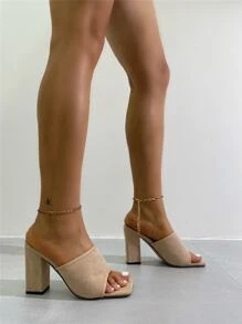 Minimalist Chunky Heeled Mules - Apricot - View 3