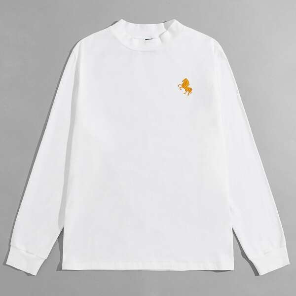 

Men Horse Embroidery Mock Neck Tee, White
