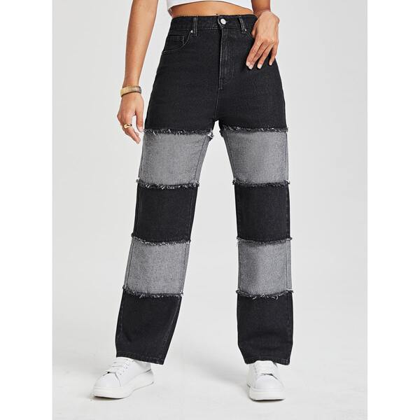 

High Waist Color Block Straight Leg Jeans, Multicolor