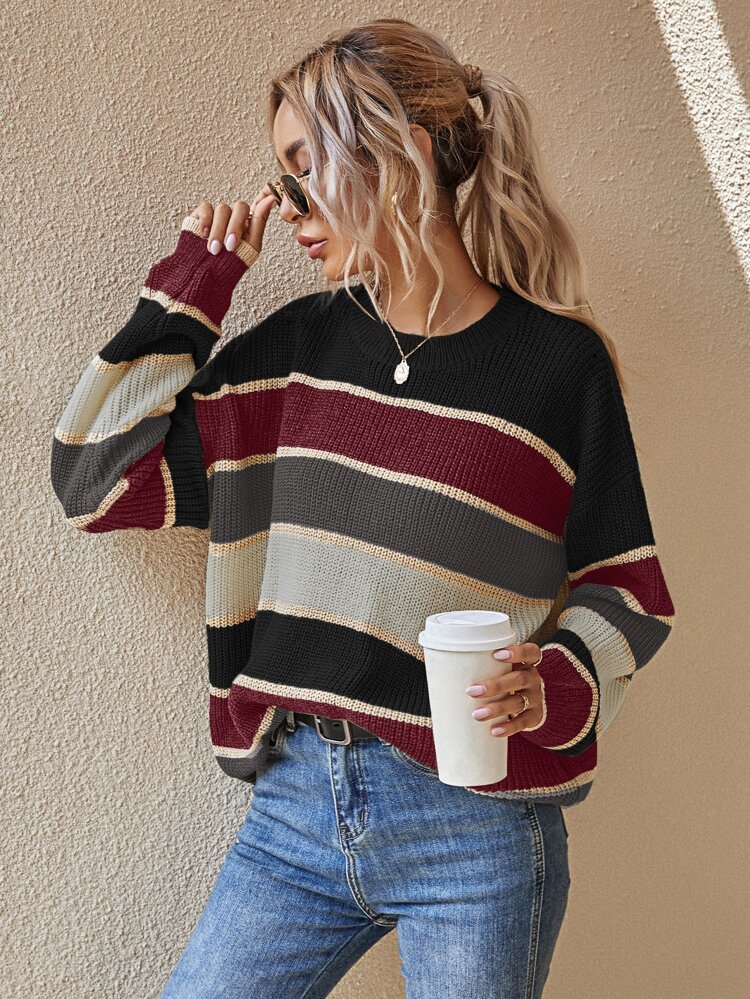 Striped Pattern Oversized Sweater,Long Sleeve Tops Knit Pullover Fall Winter