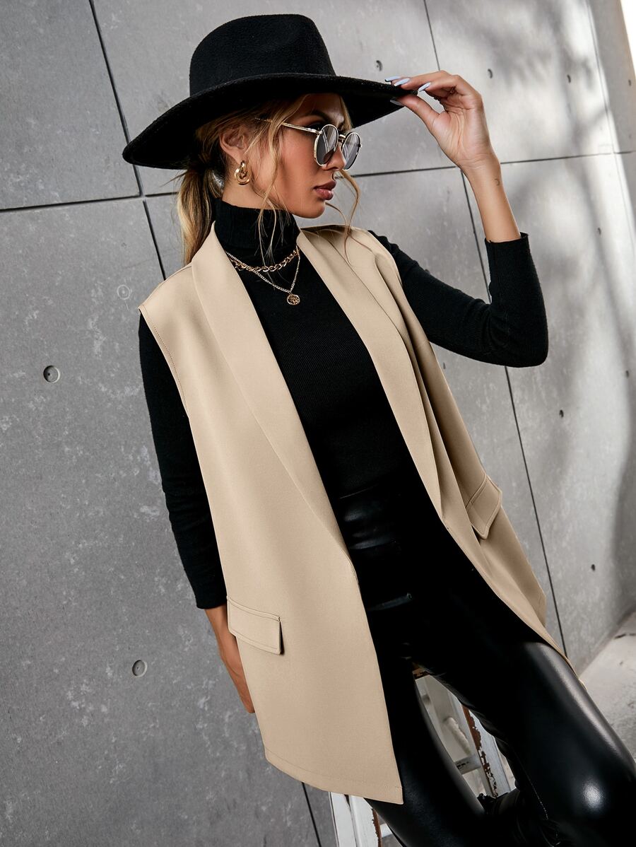 EMERY ROSE Solid Shawl Neck Vest Blazer - Khaki - View 1