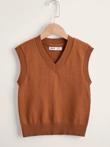SHEIN Toddler Girls Solid Sweater Vest - Brown - View 1