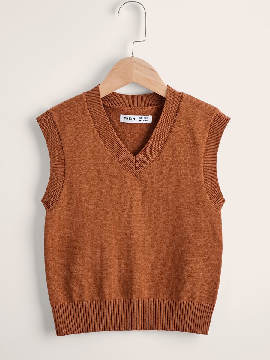 SHEIN Toddler Girls Solid Sweater Vest - Brown - View 1