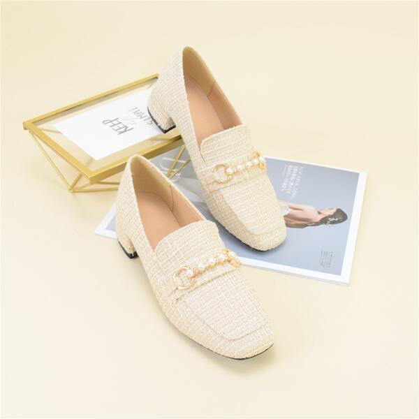 

Faux Pearls Decor Slip-on Loafers, Apricot