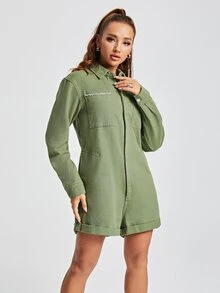 Jumpsuit unicolor tapeta con cremallera mezclilla - Verde militar - Ver 4