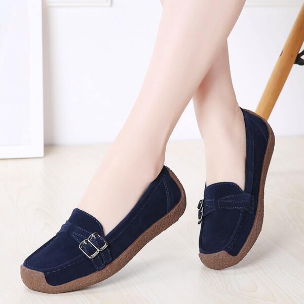 

Leather Minimalist Buckle Slip On Loafers, Navy blue