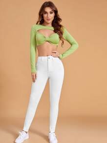 SHEIN Essnce High Waist Skinny Jeans - White - View 4