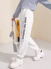 SHEIN 青少女純色針織汗褲，印有字母，適用於秋冬季 - 白色 - 查看 2