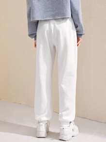 SHEIN 青少女純色針織汗褲，印有字母，適用於秋冬季 - 白色 - 查看 3