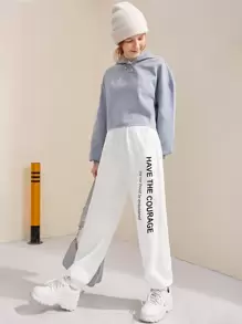 SHEIN 青少女純色針織汗褲，印有字母，適用於秋冬季 - 白色 - 查看 4