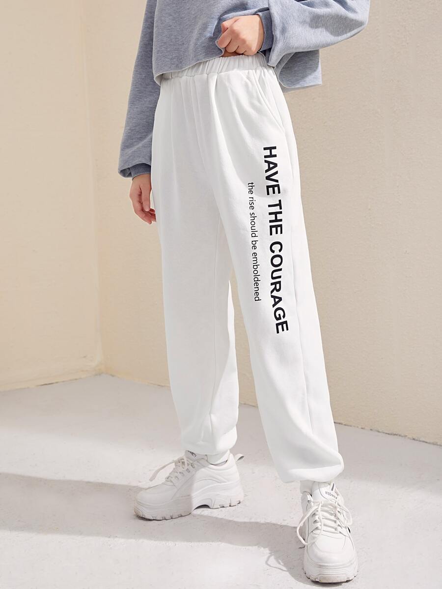 SHEIN 青少女純色針織汗褲，印有字母，適用於秋冬季 - 白色 - 查看 1