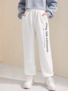 SHEIN 青少女純色針織汗褲，印有字母，適用於秋冬季 - 白色 - 查看 5