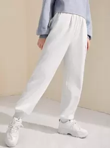 SHEIN 青少女純色針織汗褲，印有字母，適用於秋冬季 - 白色 - 查看 6