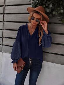 SHEIN Clasi Swiss Dot Frill Trim Blouse - Navy Blue - View 1