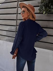 SHEIN Clasi Swiss Dot Frill Trim Blouse - Navy Blue - View 2