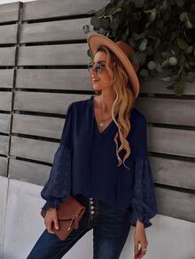 SHEIN Clasi Swiss Dot Frill Trim Blouse - Navy Blue - View 5