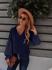 SHEIN Clasi Swiss Dot Frill Trim Blouse - Navy Blue - View 4