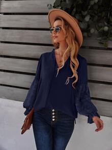 SHEIN Clasi Swiss Dot Frill Trim Blouse - Navy Blue - View 3