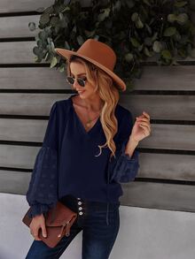SHEIN Clasi Swiss Dot Frill Trim Blouse - Navy Blue - View 6