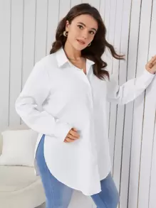 SHEIN Essnce Plus Curved Hem Shirt - White - View 1