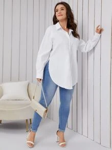 SHEIN Essnce Plus Curved Hem Shirt - White - View 3
