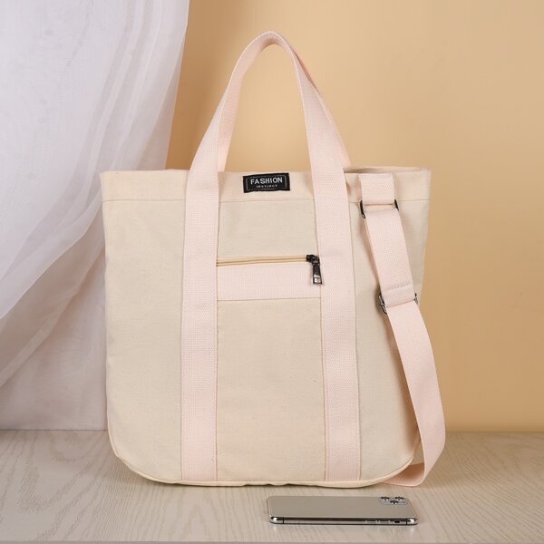 

Patch Decor Canvas Shopper Bag, Beige