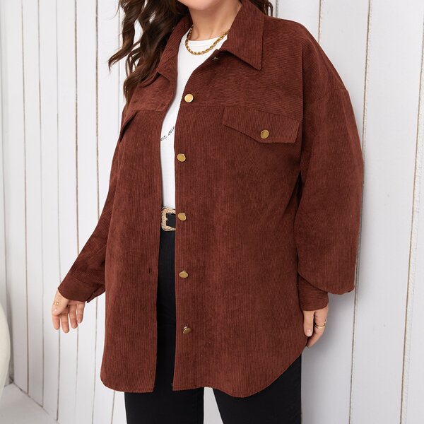 

Plus Flap Detail Drop Shoulder Corduroy Coat, Rust brown