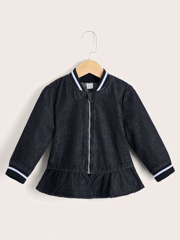 SHEIN Toddler Girls Zip Up Ruffle Hem Denim Bomber Jacket