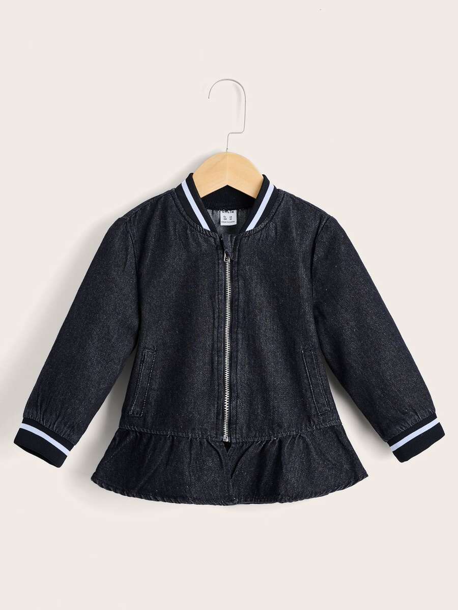 SHEIN Toddler Girls Zip Up Ruffle Hem Denim Bomber Jacket - Dark Wash - View 1