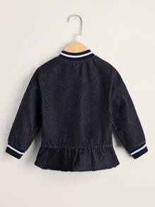 SHEIN Toddler Girls Zip Up Ruffle Hem Denim Bomber Jacket - Dark Wash - View 2