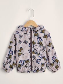 SHEIN Toddler Girls Floral & Butterfly Print Raglan Sleeve Hooded Jacket - Multicolor - View 1