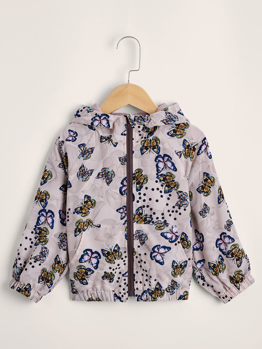 SHEIN Toddler Girls Floral & Butterfly Print Raglan Sleeve Hooded Jacket - Multicolor - View 1