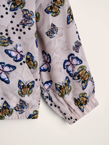 SHEIN Toddler Girls Floral & Butterfly Print Raglan Sleeve Hooded Jacket - Multicolor - View 3