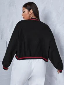 Flirla 大碼字母貼布條紋飾邊落肩袖學院風夾克 - 黑色 - 查看 2