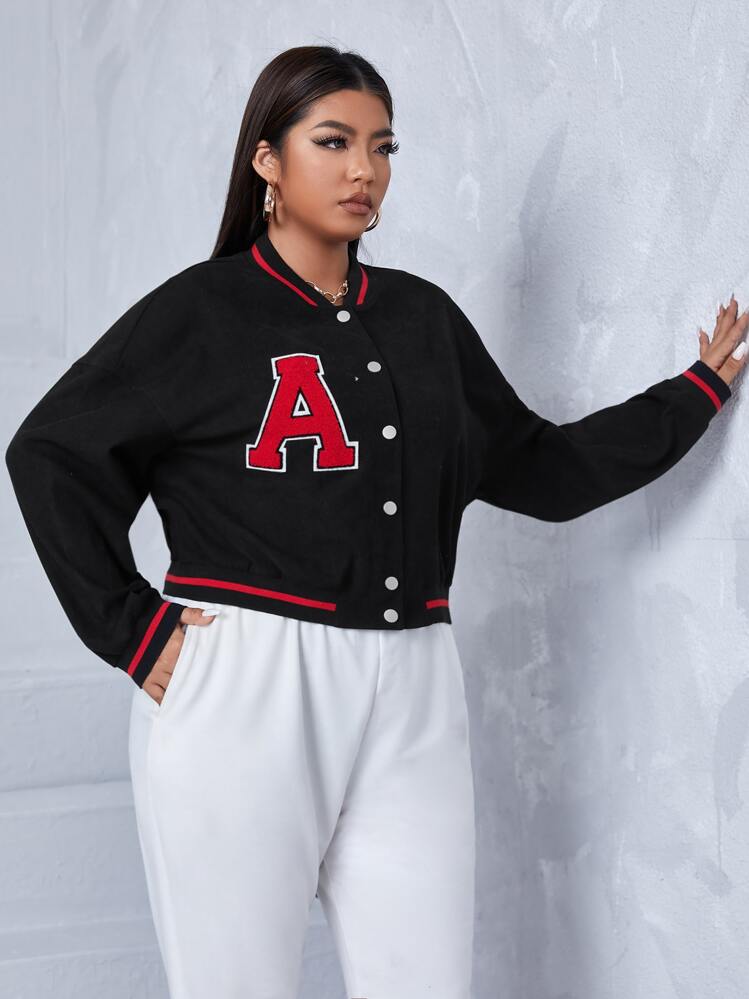 Flirla Hơn Áo khoác Đại học Thư được vá Sọc trang trí Thả vai - màu đen - Xem 3