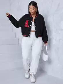 Flirla 大碼字母貼布條紋飾邊落肩袖學院風夾克 - 黑色 - 查看 5