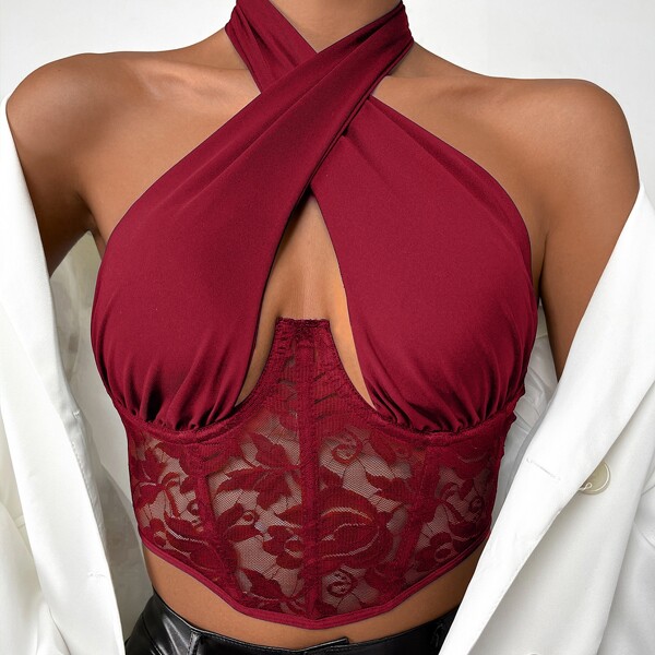 

Contrast Lace Criss Cross Halter Top, Burgundy
