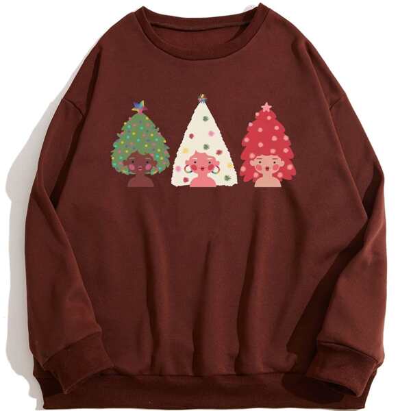 

Plus Figure & Christmas Print Drop Shoulder Thermal Lined Sweatshirt, Coffee brown