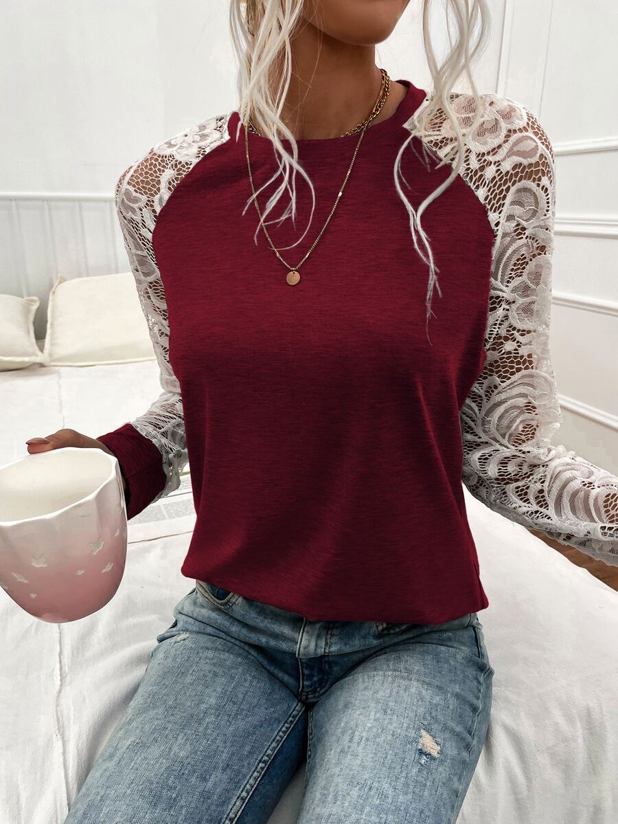 SHEIN LUNE Contrast Lace Raglan Sleeve Tee - Red and White - View 1
