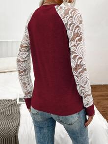 SHEIN LUNE Contrast Lace Raglan Sleeve Tee - Red and White - View 2