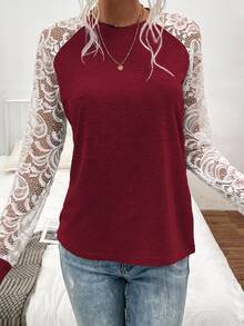 SHEIN LUNE Contrast Lace Raglan Sleeve Tee - Red and White - View 3