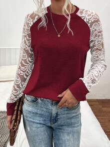 SHEIN LUNE Contrast Lace Raglan Sleeve Tee - Red and White - View 4