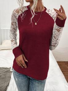 SHEIN LUNE Contrast Lace Raglan Sleeve Tee - Red and White - View 5